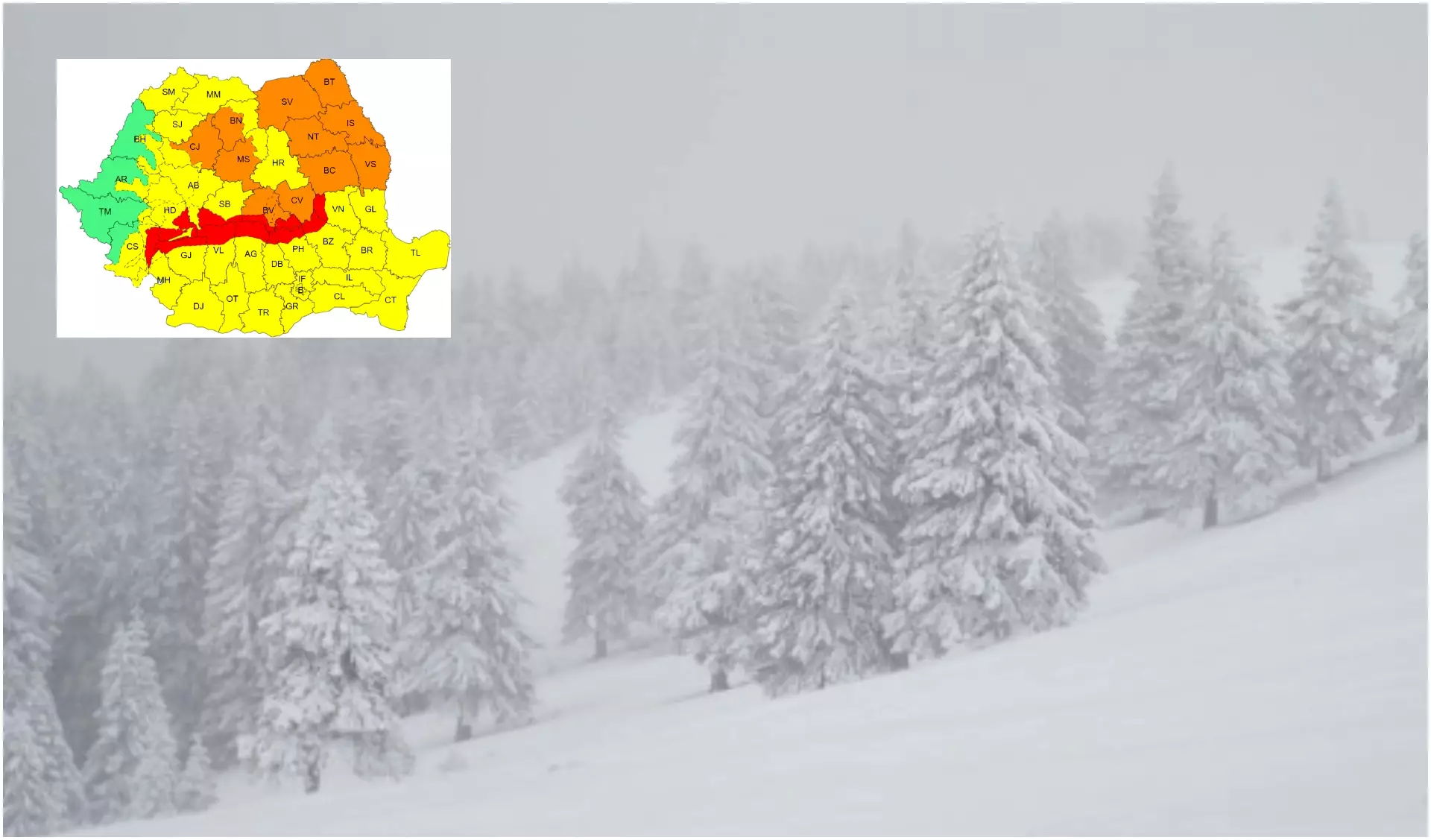 Viscol puternic &icirc;n Rom&acirc;nia. ANM a emis cod roșu, portocaliu și galben de v&acirc;nt și ninsori &icirc;n majoritatea regiunilor. HARTĂ